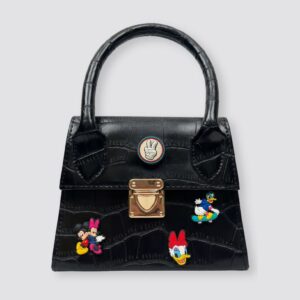 Mini sac à main noir customisé avec personnages Disney texture croco vintage en similicuir