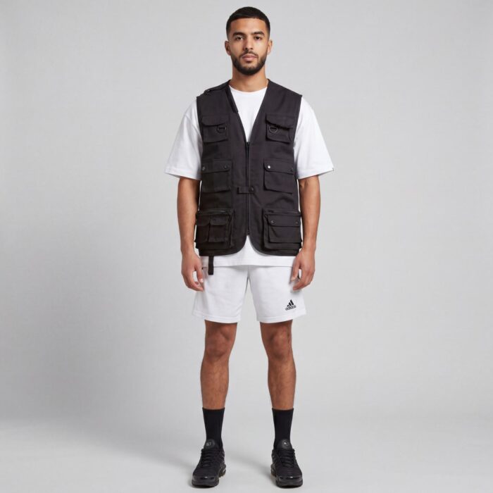 Gilet utilitaire avec multiples poches vintage vue de face en plein pied.