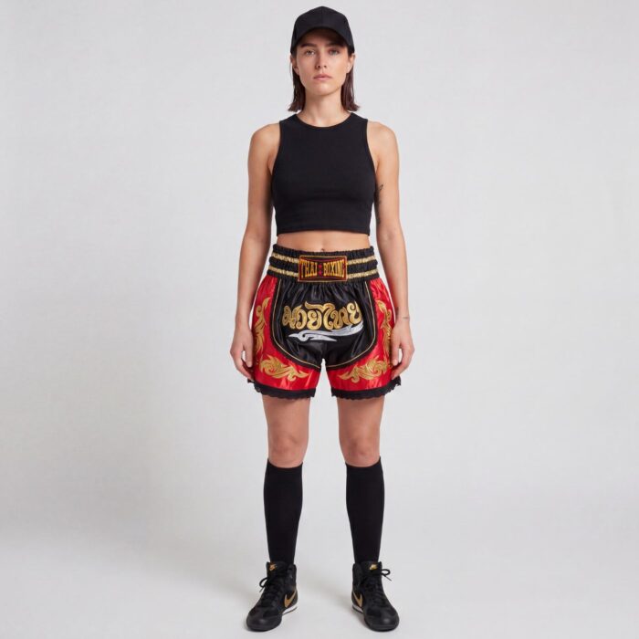 Short de boxe thaï upcyclé avec finitions dorées et dentelle anglaise par Aliona Sama, vue de face de plein pied