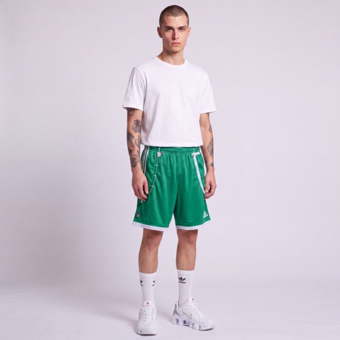 Short 3 bandes émeraude x Folk upcyclé vintage avec embrasse rideau vue de face, création de Aliona Sama vue en plein pied.