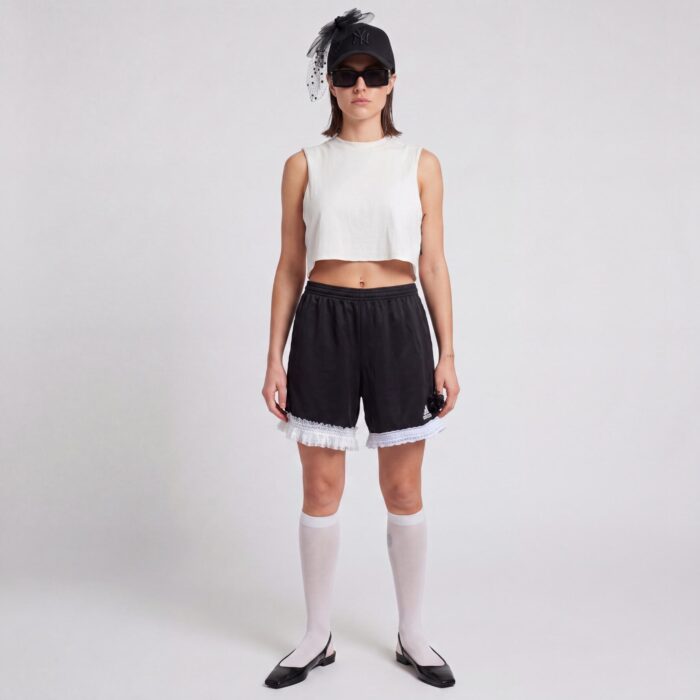 Short Trois bandes x Jarretière de mariée upcyclé avec de nombreuses dentelles noires par Aliona Sama